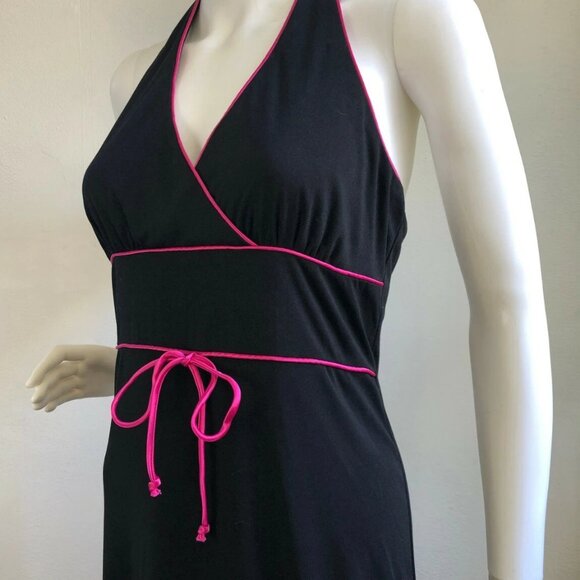 Vintage 1990s Halter Maxi Dress Long Fine Soft Knit Black Pink Fancy Patio Small - Picture 4 of 6